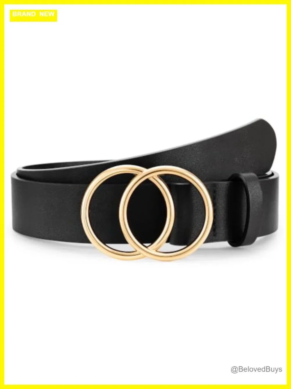 Women's Faux Leather Belt with Double O-Ring Gold Buckle, Adjustable Waist Belt